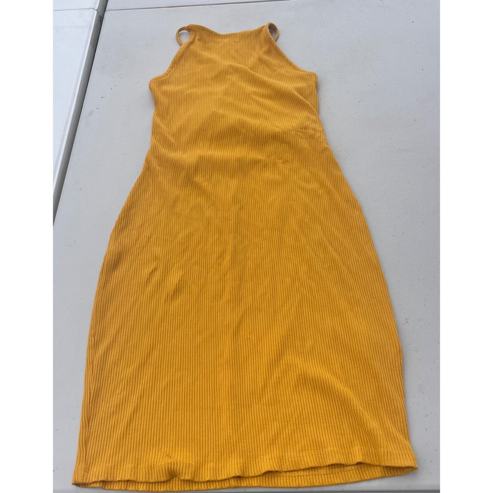 HM Mustard Yellow Ribbed High Neck Cutout Tie Back Bodycon Dress Medium